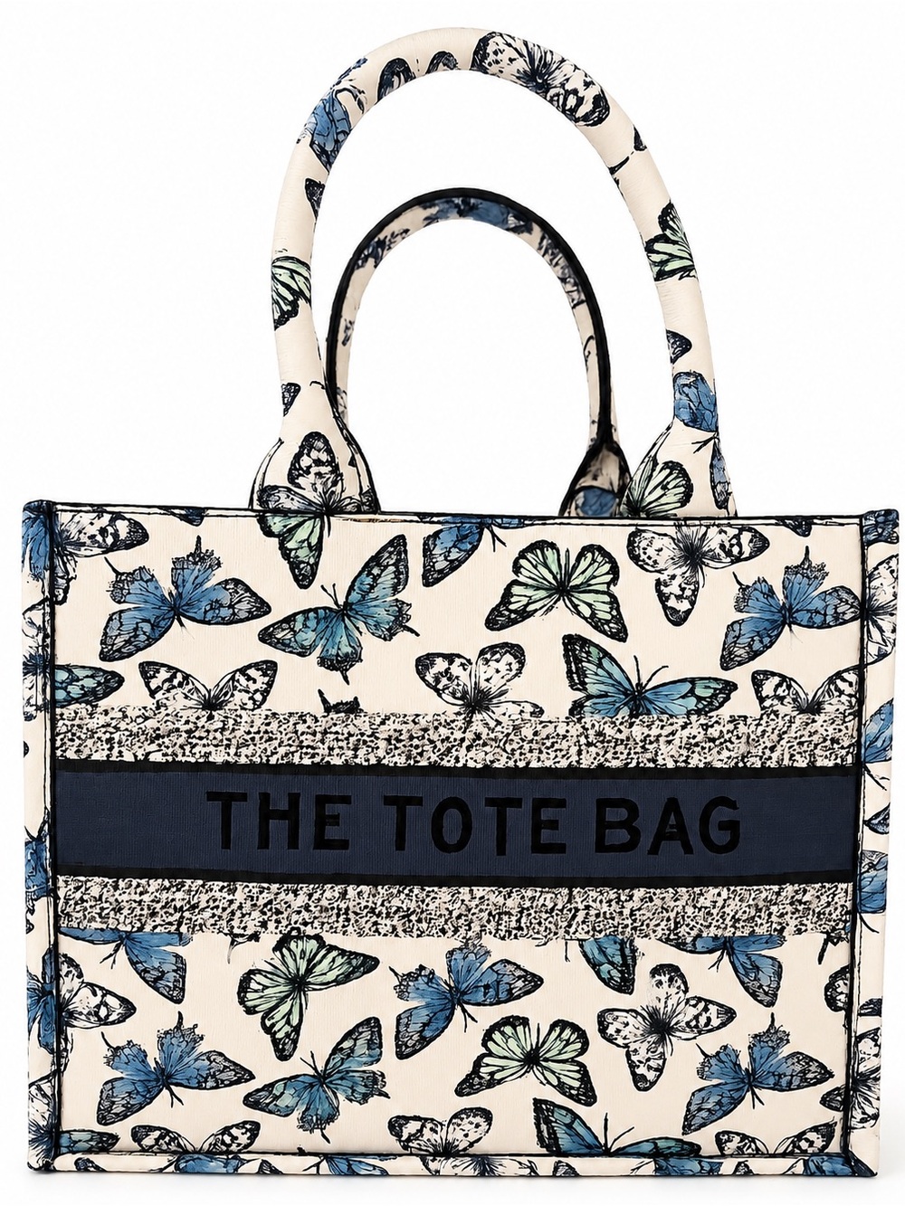 NWT: Classic Fashion Mini The Tote Bag Butterfly Print Tote in Cream and Blue - Picture 2 of 4